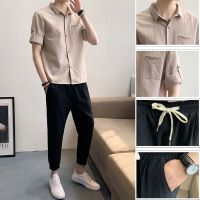 休闲男装套装男2021夏季新款韩版潮流一套薄款男士短袖衬衫两件套威珺