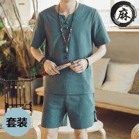 套装男棉麻短袖T恤男休闲唐装夏季大码宽松盘扣亚麻中国风两件套威珺