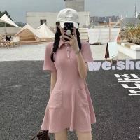 辣妹粉色polo领连衣裙女装夏季2021新款气质修身显瘦小个子短裙子威珺
