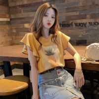 菠萝色T恤女2021夏装新款时尚甜美设计感小众圆领飞飞袖上衣威珺