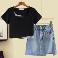 大码女装200斤胖妹妹夏季套装女减龄百搭T恤上衣牛仔半身裙两件套威珺