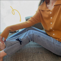 2021春季新款裤脚蝴蝶结牛仔裤女高腰显瘦九分直筒开叉微喇裤威珺