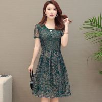 中老年短袖雪纺连衣裙中年V领妈妈装中长款印花裙子夏季大码女装威珺