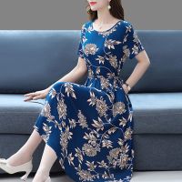 妈妈夏季棉绸过膝连衣裙中老年女装短袖口袋中长款大码宽松碎花裙威珺