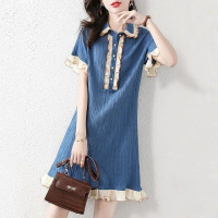 2021夏季新款大码女装胖mm宽松气质减龄时尚拼接娃娃领休闲连衣裙威珺