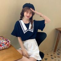 【两件套】荷叶袖衬衫女短袖+高腰排扣短裤休闲裤子时尚撞色套装威珺