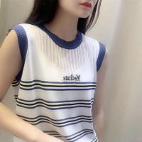 2021新款潮针织衫夏季宽松圆领条纹背心T恤镂空薄无袖上衣女威珺