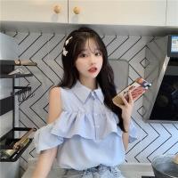 2021年新款短袖衬衫女士夏季很仙的设计感小众轻熟荷叶边露肩上衣威珺