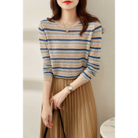 初秋新款优雅百搭知性彩虹条纹拼色圆领长袖镂空针织衫上衣威珺