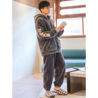 睡衣男秋冬款珊瑚绒保暖加厚加绒拉链款连帽冬天法兰绒家居服套装威珺