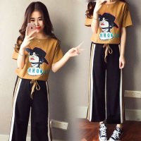 2019韩版运动休闲套装夏女短袖T恤学生打底上衣+开叉阔腿裤两件套