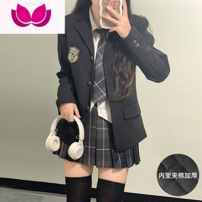 七斓制服西装外套女春季正版格裙套装学院风校供感黑色西服全套