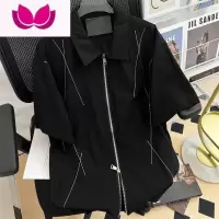 七斓国潮复古美式双拉链明线短袖衬衫男女夏宽松ins街头痞帅工装衬衣