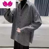 七斓复古港风竖条纹长袖衬衣男2023春季新款潮牌宽松痞帅毛呢衬衫外套