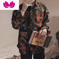 七斓丝滑柔软衬衫男韩风复古个性链子印花衬衣男女宽松休闲上衣