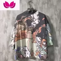七斓夏季七分袖韩版潮流衬衫痞帅国潮仙中国风印花宽松短袖衬衣服男