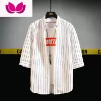 七斓衬衫男短袖夏季韩版潮流条纹7七分袖上衣5五分袖痞帅衬衣休闲中袖