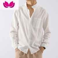 七斓夏季亚麻衬衫男长袖修身休闲薄款纯色日系复古工装棉麻料衬衣