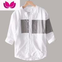 七斓夏季拼色个性七分中袖亚麻衬衫男士无领棉麻衬衣男装潮流帅气上衣