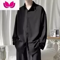 七斓高级感冰丝衬衫男长袖韩版潮流百搭宽松港风休闲黑色垂感痞帅衬衣