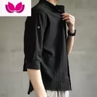 七斓亚麻衬衫男冰丝宽松潮休闲外套上衣中国风七分袖棉麻短袖黑色衬衣
