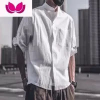 七斓vintage亚麻短袖衬衫男日系宽松立领五分袖衬衣夏季棉麻寸衫帅气