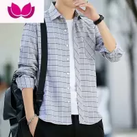 七斓男士休闲衬衣男夏天韩版宽松复古街头格子薄款蓝色长袖衬衫潮寸褂