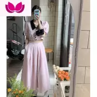 七斓小香风撞色短袖衬衫气质中长款半身裙女春装2023新款甜辣时尚套装