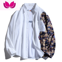 七斓卡通熊拼接长袖衬衫男女ins慵懒风宽松韩版情侣上衣原宿风潮