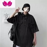七斓夏季薄款潮流ins条纹短袖衬衫外套男原宿宽松港风衬衣百搭五分袖