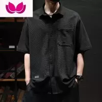 七斓短袖衬衫男夏季华夫格上衣宽松休闲大码衬衣潮流复古皱黑色外套