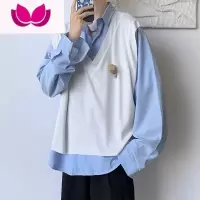 七斓假衬衫男长袖潮牌ins休闲雅痞日系港风网红拼接马甲衬衣