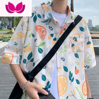 七斓夏季薄款水果印花衬衫男短袖夏威夷ins港风潮牌百搭潮流宽松衬衣