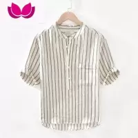 七斓潮流寸衣男条纹日系短袖衬衫男潮流夏季宽松薄款立领套头衬衣t恤