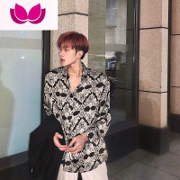 七斓法式蕾丝印花衬衫男免烫韩系个性绸缎长袖小众设计感衬衣网红