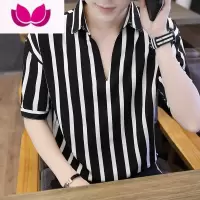 七斓2023春季男士潮流条纹衬衫商务韩版休闲上衣日常修身五分袖衬衣