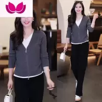 七斓时尚休闲套装女2023早秋新款洋气假V领针织上衣阔腿裤套