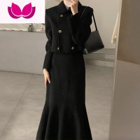 七斓小香赫本风黑色鱼尾连衣裙子早春穿搭套装小黑裙春装女2023年新款