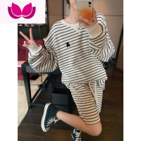 七斓ibell330g克重新款圆领条纹上衣高腰长/短裤休闲百搭套装女