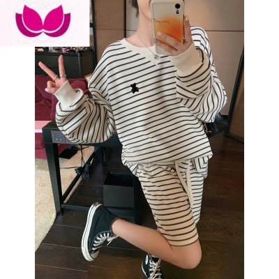 七斓ibell330g克重新款圆领条纹上衣高腰长/短裤休闲百搭套装女