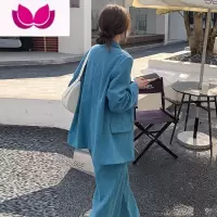 七斓蓝色灯芯绒小西装套装外套女高级设计感2023年新款职业西服