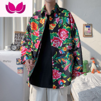 七斓2022夏季新款民族风东北大花牡丹长袖衬衫男宽松休闲潮流印花衬衣