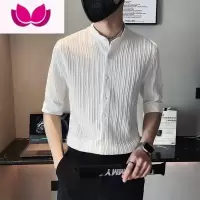 七斓冰丝短袖衬衫男夏季2023新款痞帅高级感男装潮牌条纹七分中袖衬衣