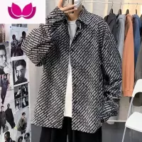 七斓ins痞帅长袖衬衫男港风夏季休闲外套潮牌宽松百搭慵懒风印花衬衣