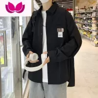 七斓港风chic贴标长袖衬衫男潮牌痞帅潮流宽松休闲高级感工装衬衣外套