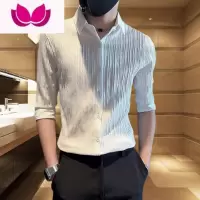 七斓七分袖衬衫男痞帅夏季薄款半袖潮流短袖上衣修身中袖冰丝条纹衬衣