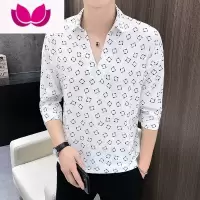 七斓V领短袖t恤男2023新款潮流夏季潮牌冰感印花条纹冰丝七分半袖衬衫