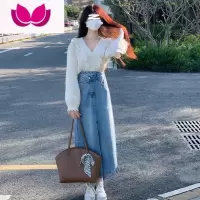 七斓早春季新款女装盐系穿搭御姐轻熟时尚减龄牛仔半身裙职业套装