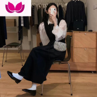 七斓黑色背带连衣裙子微胖女生穿搭小香赫本风套装春装2023年新款