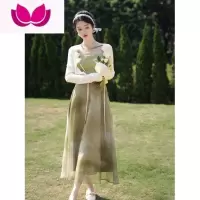 七斓国风女装2023套装女吊带裙高级感夏天法式初恋绿色水墨晕染连衣裙